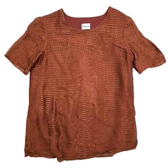 Reiss Silk Blouse Women's 8 Orange Short Sleeve Crew Neck Formal Party Top - Picture 1 of 7